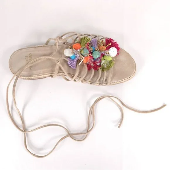 Stuart Weitzman Flats Noodles Beach Suede Embellished Lace Up Slide Size 9